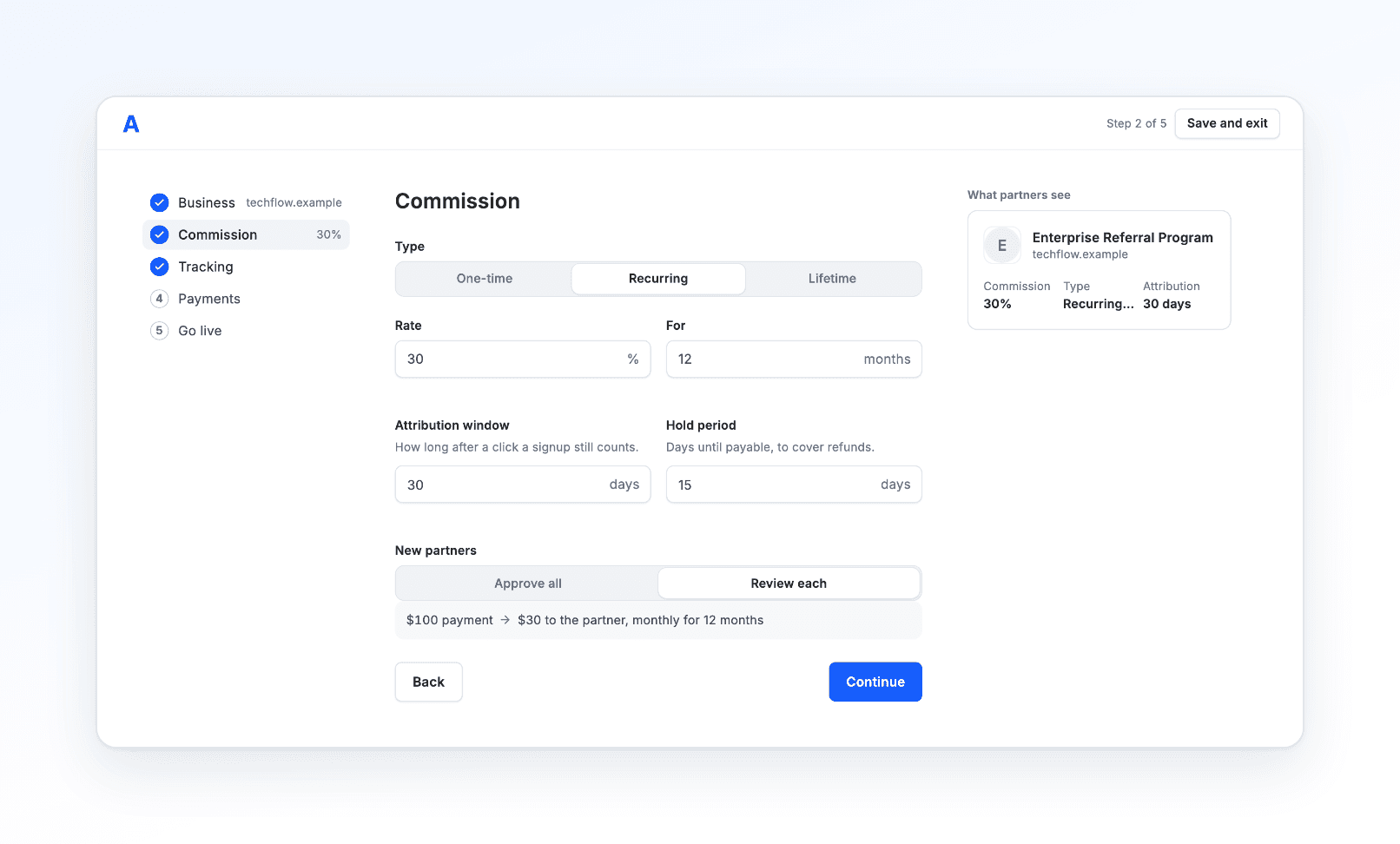 Setup step 2 of 5, Commission: type (one-time, recurring or lifetime), rate and months, attribution window, hold period, and whether new partners are approved automatically or reviewed one by one, with a preview of what partners see